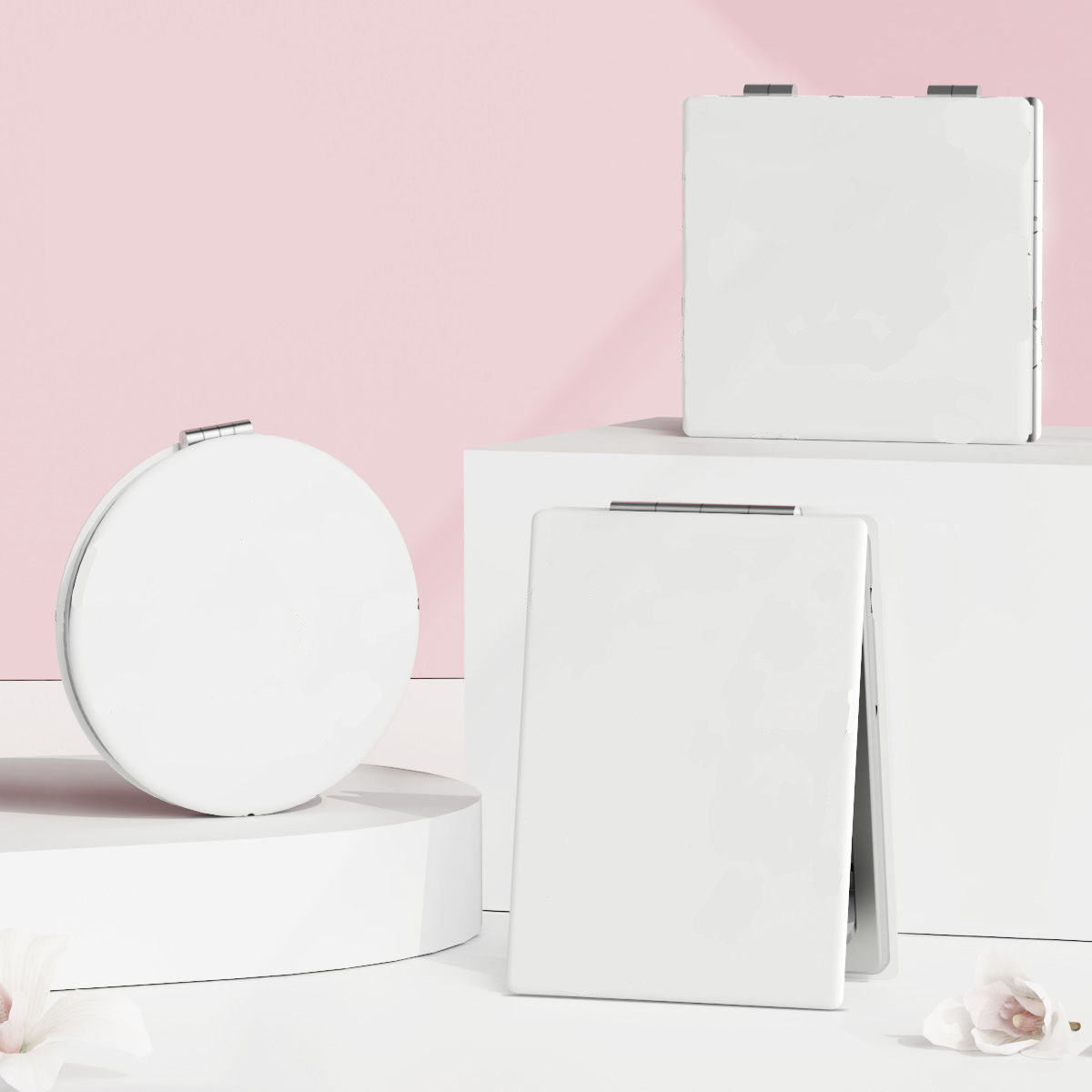 厂家直销方形圆形PU纯白皮随身双面折叠小镜子便捷化妆镜diy镜子