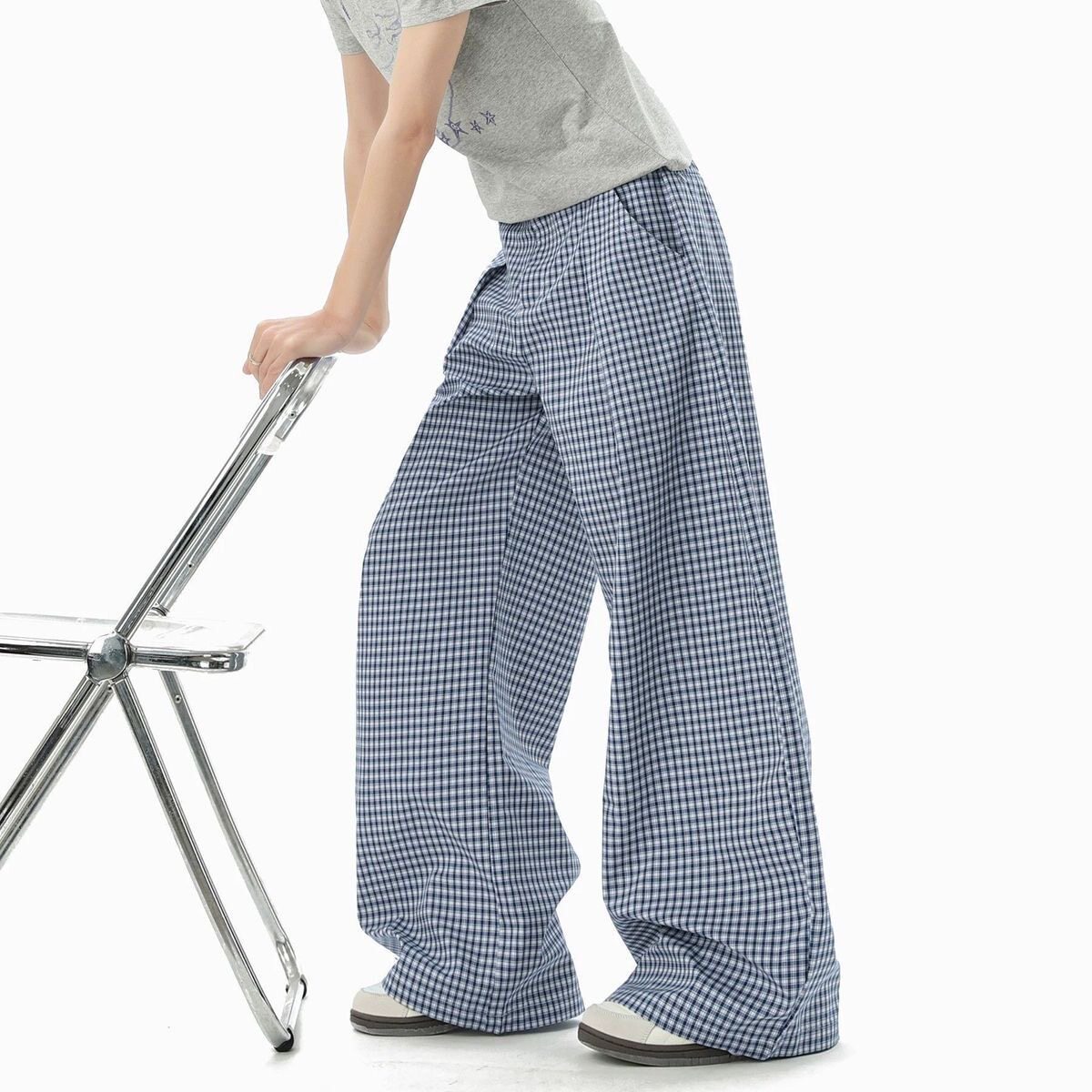 美式复古褶皱蓝色格子休闲裤男女夏季慵懒松弛感百搭宽松阔腿长裤