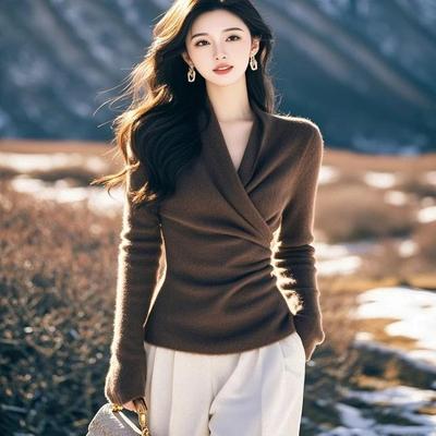 韩系chic软糯咖色针织衫女款2024