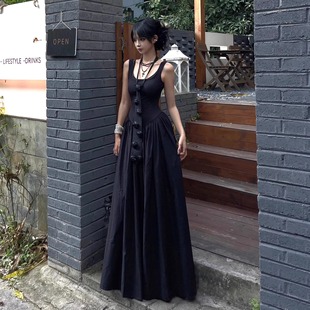 2025夏山本耀司风日式小众气质高级感黑色吊带显瘦露背长裙连衣裙