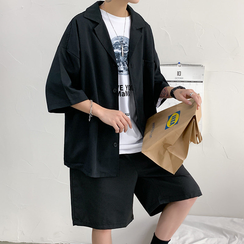 套装910A-443港风夏装西装短袖套装衬衫情侣休闲T恤,男装西服套装,星座910A