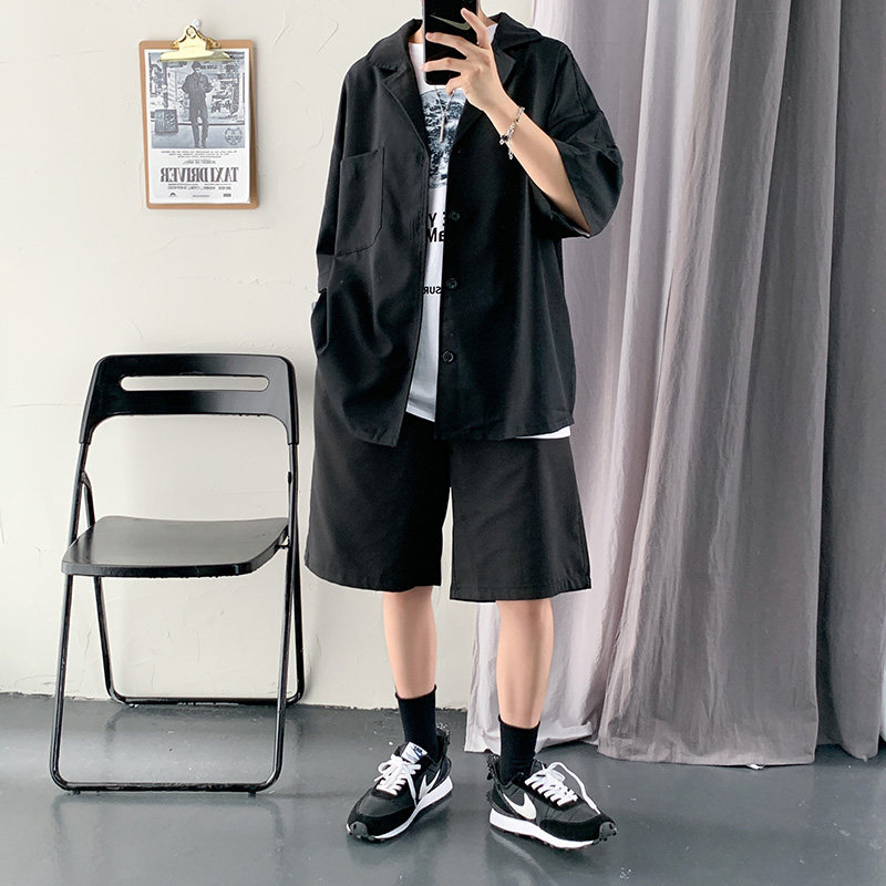 套装910A-443港风夏装西装短袖套装衬衫情侣休闲T恤,男装西服套装,星座910A
