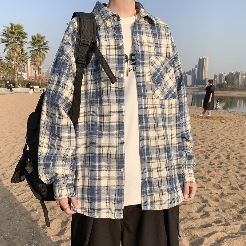 910A-C48港风休闲流行衬衣帅气格子男士潮流衬衫休闲图片