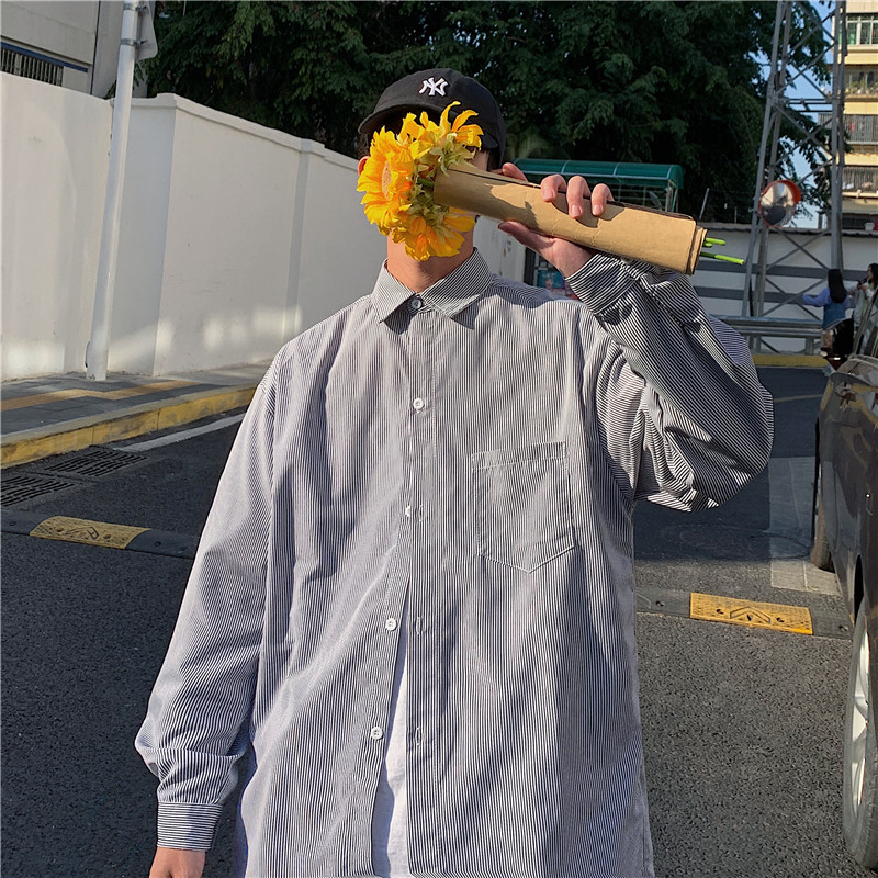 910A-C40港风春秋装竖条纹情侣休闲衬衫衬衣百搭长袖,男装衬衫,星座910A