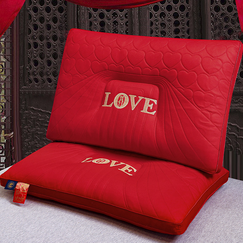 结婚枕婚庆枕头一对红色刺绣新婚婚房陪嫁48x74纯棉保健护颈枕芯