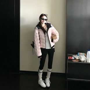 排骨棉服女2025新款冬季加厚保暖棉衣小个子粉色撞色压胶棉袄外套