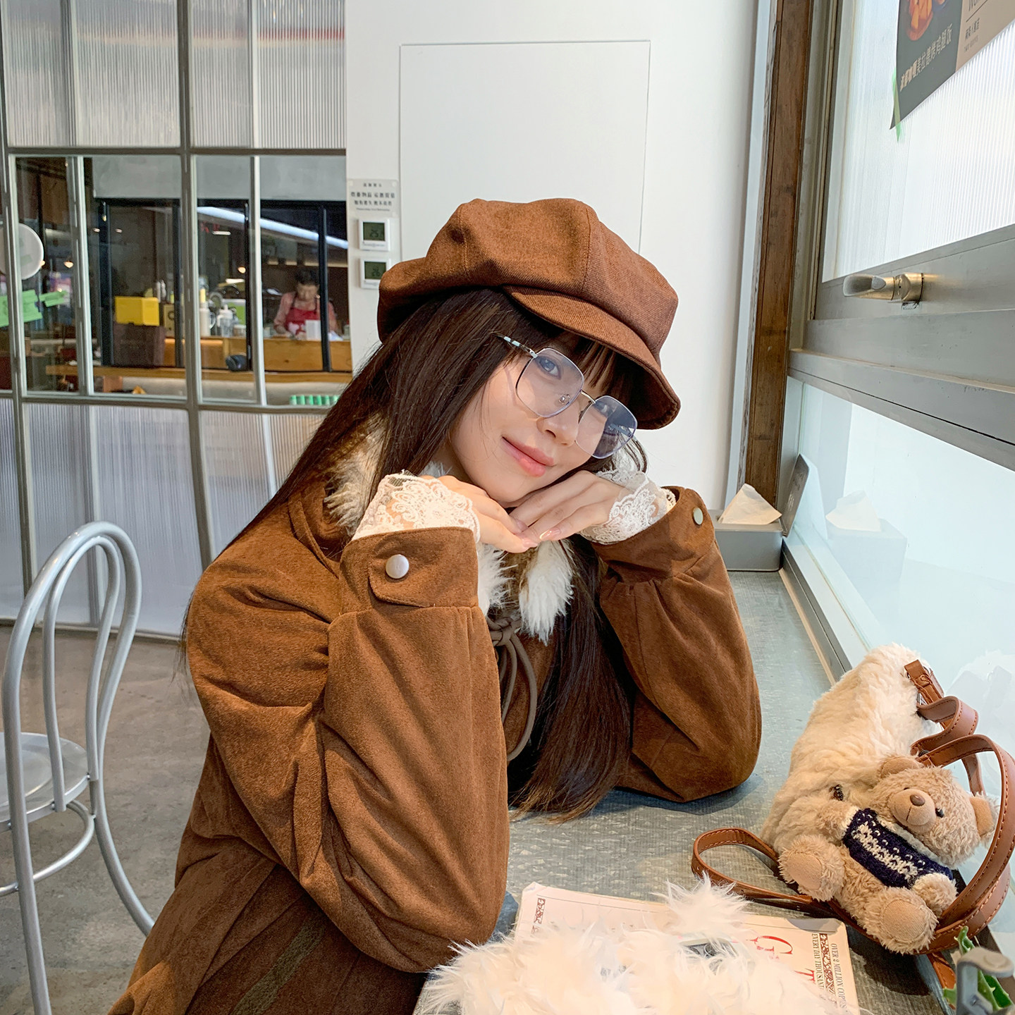 美拉德麂皮绒短款保暖羊羔毛棉服
