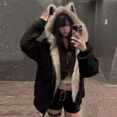 新款 座山雕猫耳外套大码 加厚棉袄女款 黑色棉服女2025冬季 冬装 棉衣