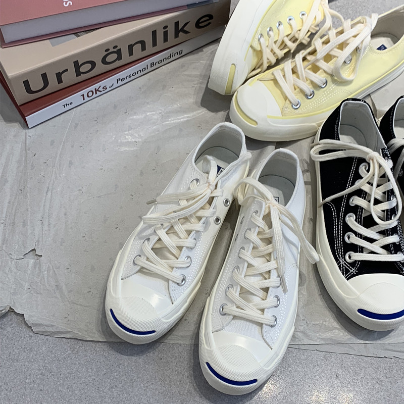 日本冈山久留米开口笑硫化帆布鞋男女夏季复古低帮系带休闲小白鞋