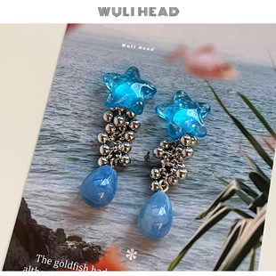 [ 无厘头 ] 海洋沙滩系列 原创碧海蓝天蓝色海星流苏水滴耳环耳夹