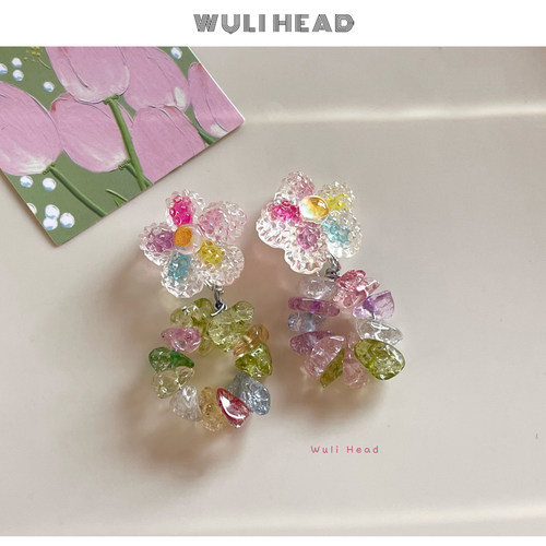 彩色花朵碎晶石甜美耳环