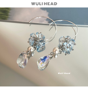 [ 无厘头 ] 清水明澈 蓝碎石珍珠玻璃水晶水滴气质清透耳环耳夹