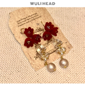 风铃新年复古文艺耳环耳夹 原创长款 无厘头 酒红植绒铃兰