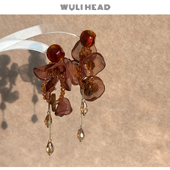 流苏气质耳环 咖色轻纱美拉德琥珀色长款 无厘头 秋色棕雾