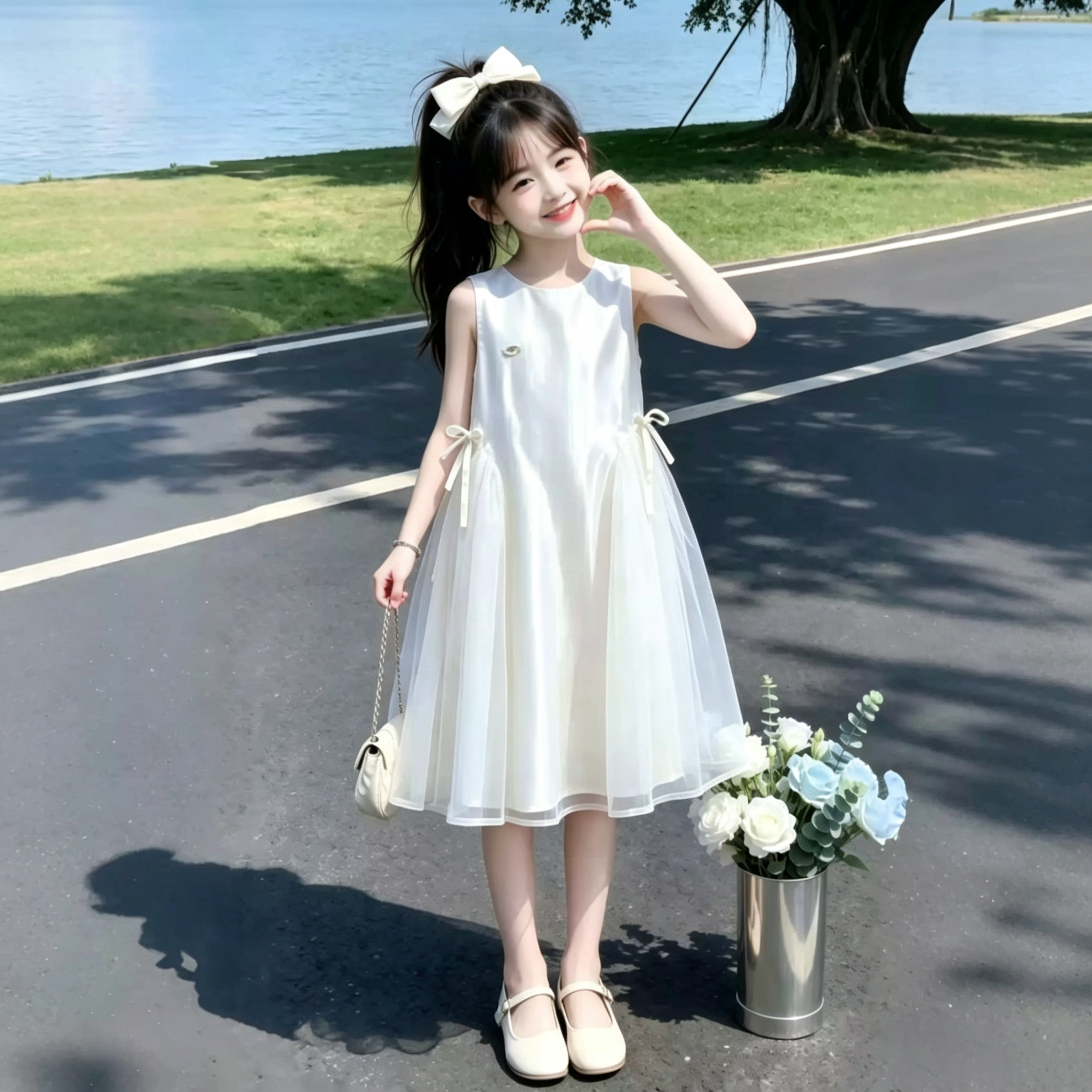 女童夏装无袖2026舒适时尚连衣裙公主裙白色蝴蝶结中长裙洋气韩版