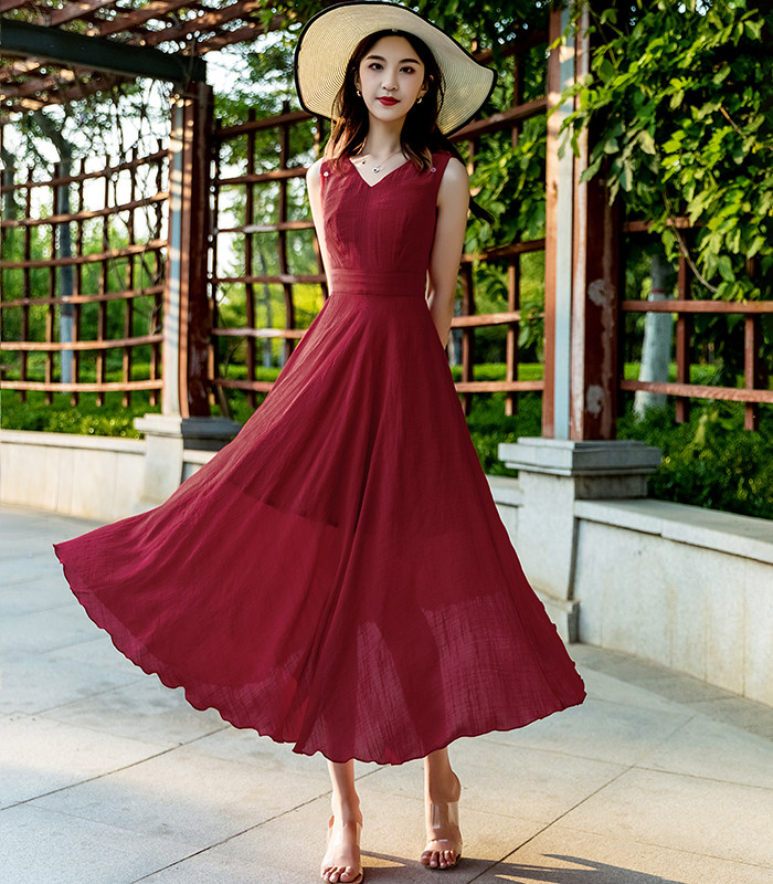 2020夏红色苎棉麻洋气收腰显瘦气质女神范长裙复古精品长款连衣裙