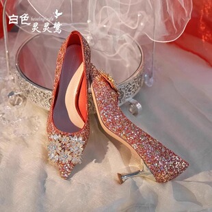 主婚鞋红色秀禾婚纱两穿2025年新款结婚新娘鞋子水晶法式高跟鞋女