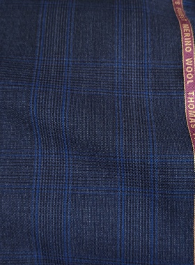 意大利进口THOMAS 130支精纺羊毛蓝灰色格子西装面料西服西裤布料