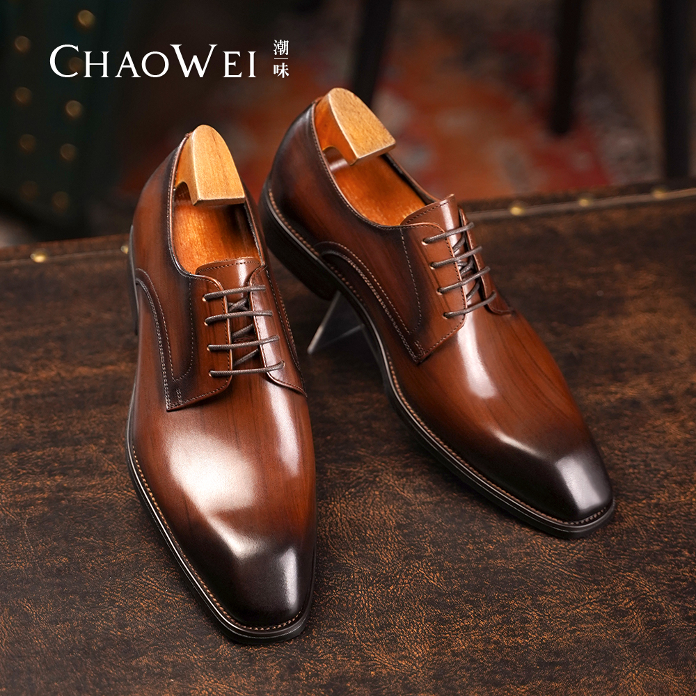 潮味男士真皮商务手工德比鞋