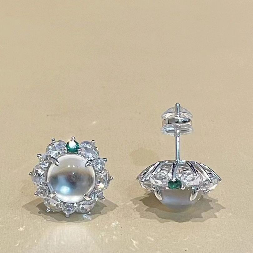 芙丝菲尔925银针水沫玉镶嵌锆石新中式女耳钉 高品质百搭轻奢耳饰