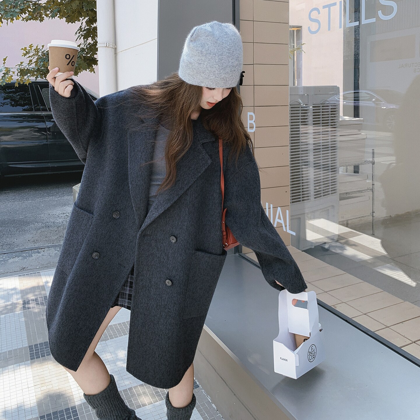 韩系阔版双面羊绒大衣外套女