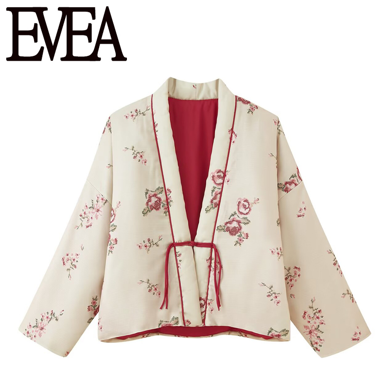 EVEA新款女装 ZA欧美风 时尚花朵刺绣V领长袖棉服外套 4786208