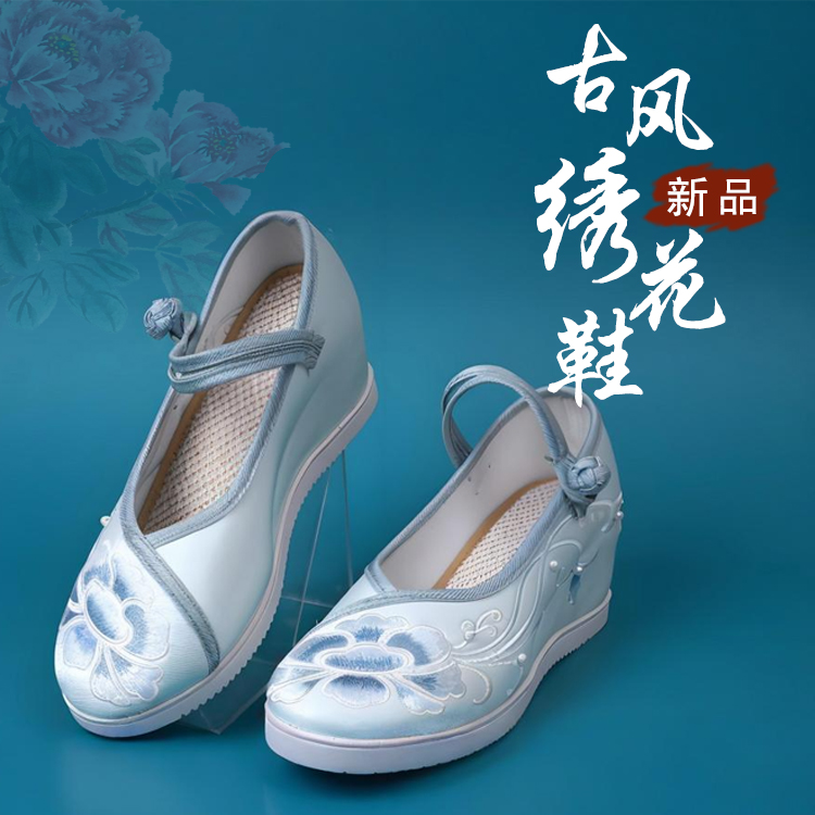 新款古风汉服鞋子女老北京布鞋内增高民族风绣花鞋旗袍厚底高跟鞋