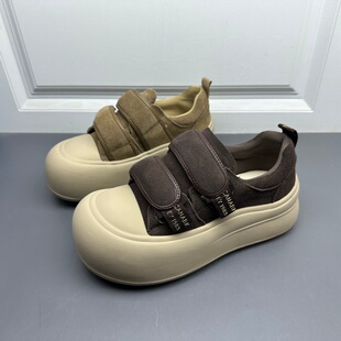 撤柜断码处理真皮女鞋2025年秋款厚底魔术贴大头面包鞋时尚休闲鞋