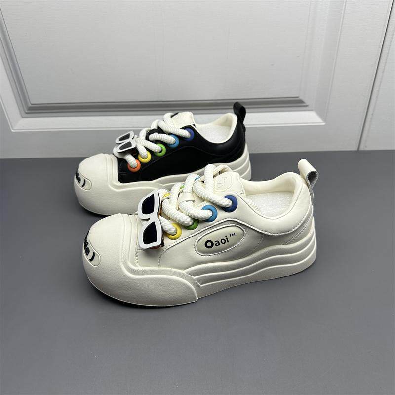 商场撤柜断码处理真皮女鞋新款洋气百搭厚底开口笑丑萌休闲板鞋