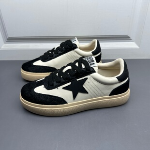 断码处理真皮女鞋2025年新款马毛圆头系带轻便时尚休闲星星板鞋