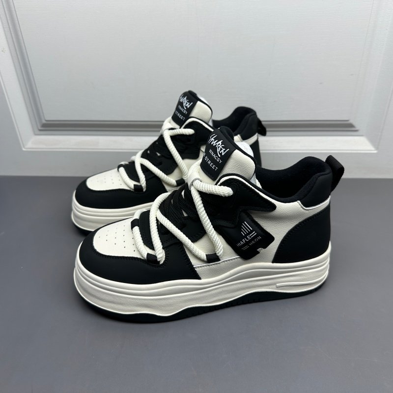 真皮处理35码高帮鞋女秋季加绒厚底拼色圆头系带学生平底休闲板鞋