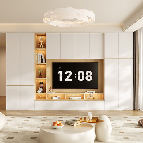 依雪奶油风电视柜整墙定制储物柜