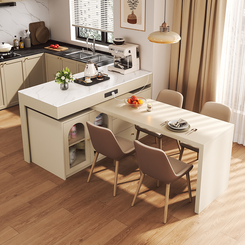 依雪奶油风岩板岛台餐桌一体