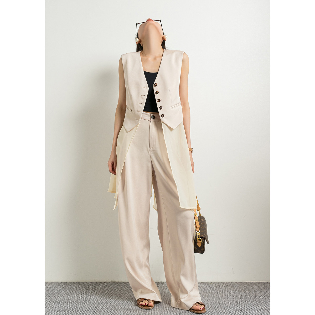 清仓|飘逸高级感 雪纺拼接醋酸马甲裤子套装女2026新款夏季两件套