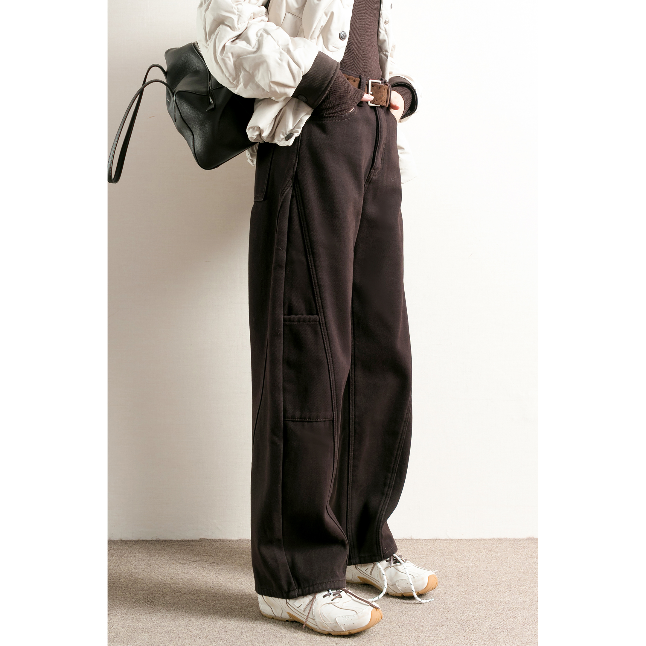 可可棕立体剪裁弯刀牛仔裤女长裤