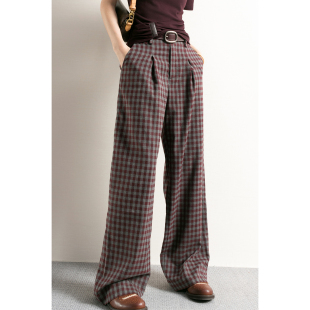 腰带阔腿长裤 老钱vintage 女2026年春季 酒红格子休闲裤 Tide