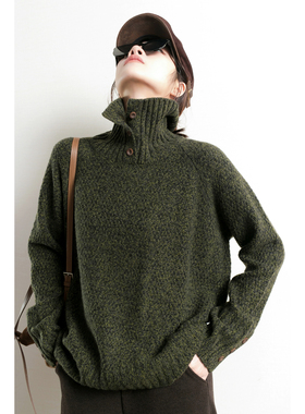 TidePA | Barnfit巴恩风 军绿色高领纽扣1oo%羊毛衫女宽松中长