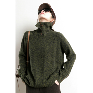 女宽松中长 军绿色高领纽扣1oo%羊毛衫 TidePA Barnfit巴恩风