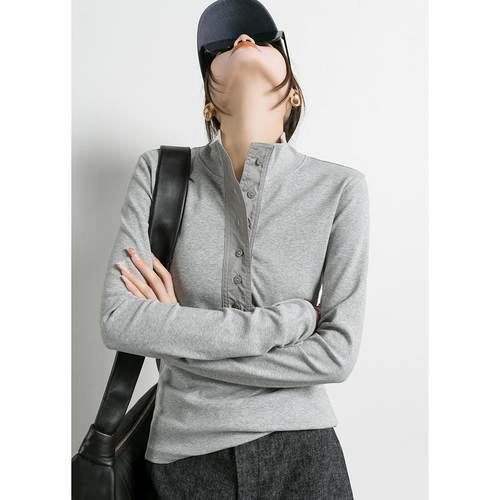 格雷系小立领浅灰色长袖POLO衫女