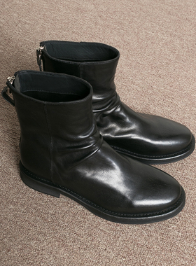 潮葩 手工制作牛皮褶皱 黑色真皮低跟马丁靴女2025新款春秋短靴子