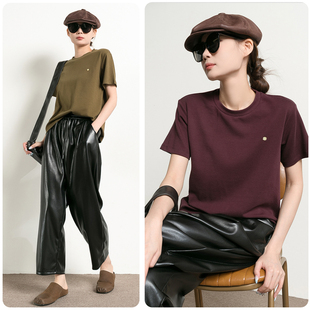 潮葩 双色可入 2026新款春秋厚款手工缝标圆领短袖女t恤内搭上衣