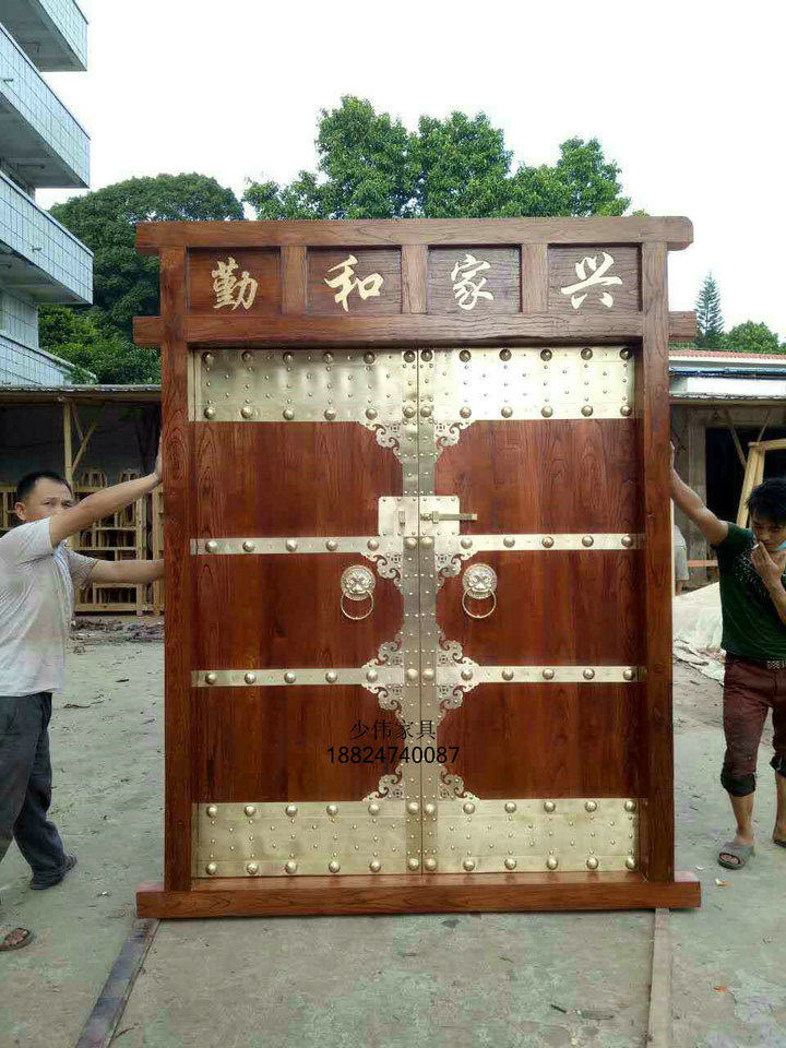 实木大门榆木中式双开大门庭院别墅仿古大门农乡村进户大门原木门