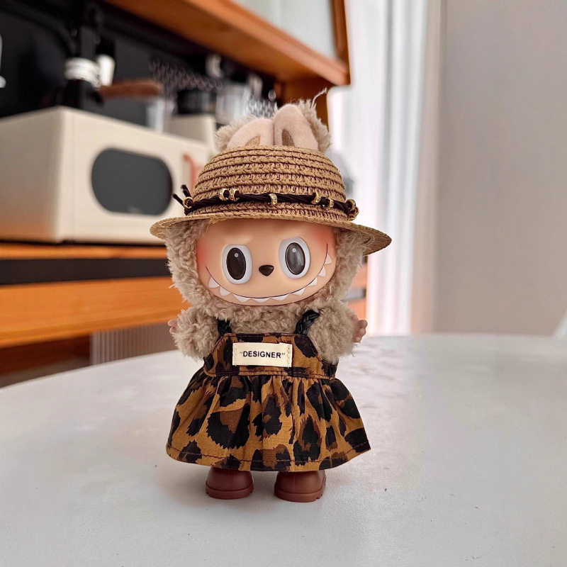 49拉布布娃衣一二三代坐labubu衣服3.0前方高能豹纹裙子草帽17cm