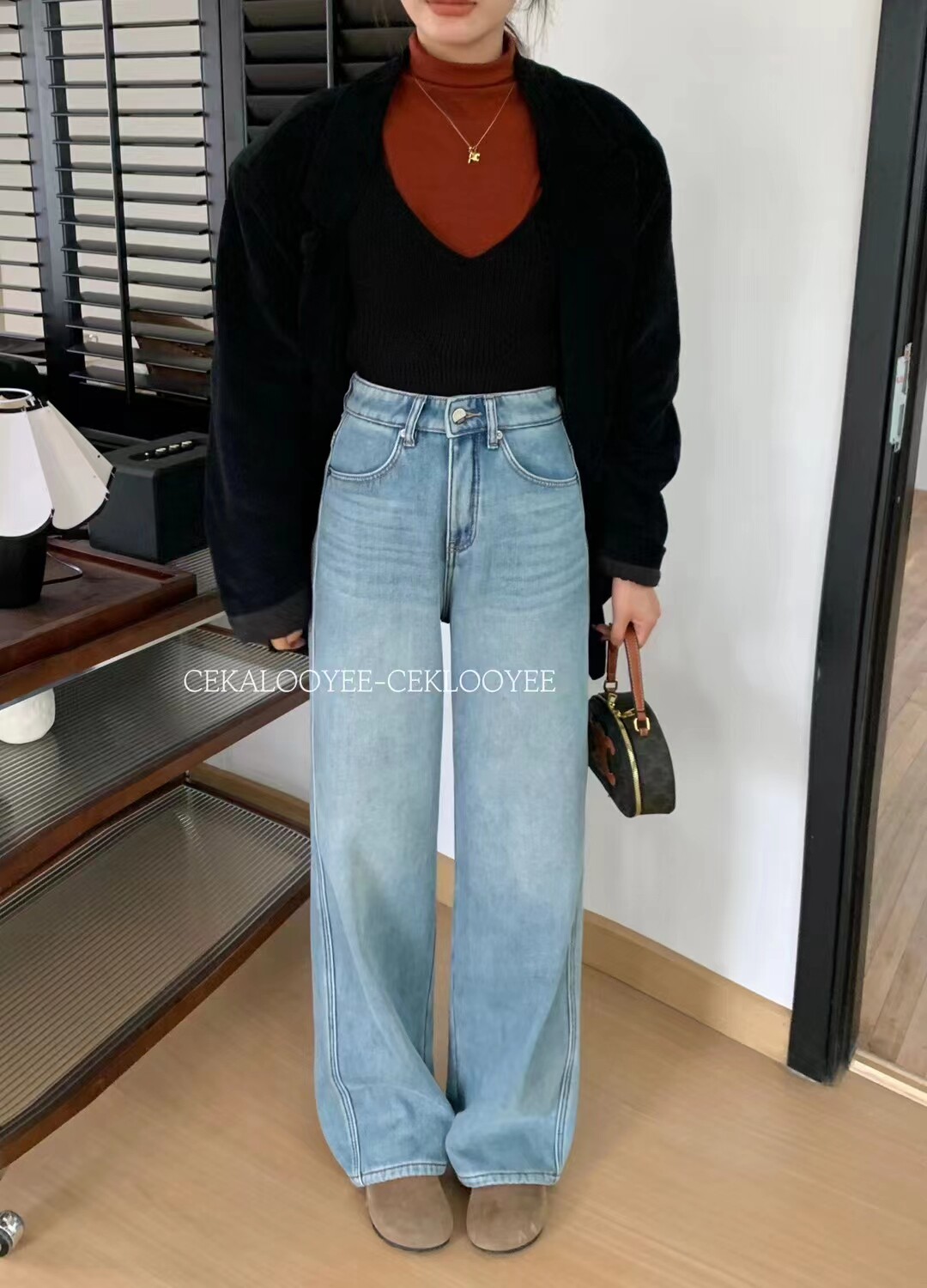 Ckly1818浅色加厚绒阔腿牛仔裤女冬款高腰宽松复合绒直筒拖地长裤