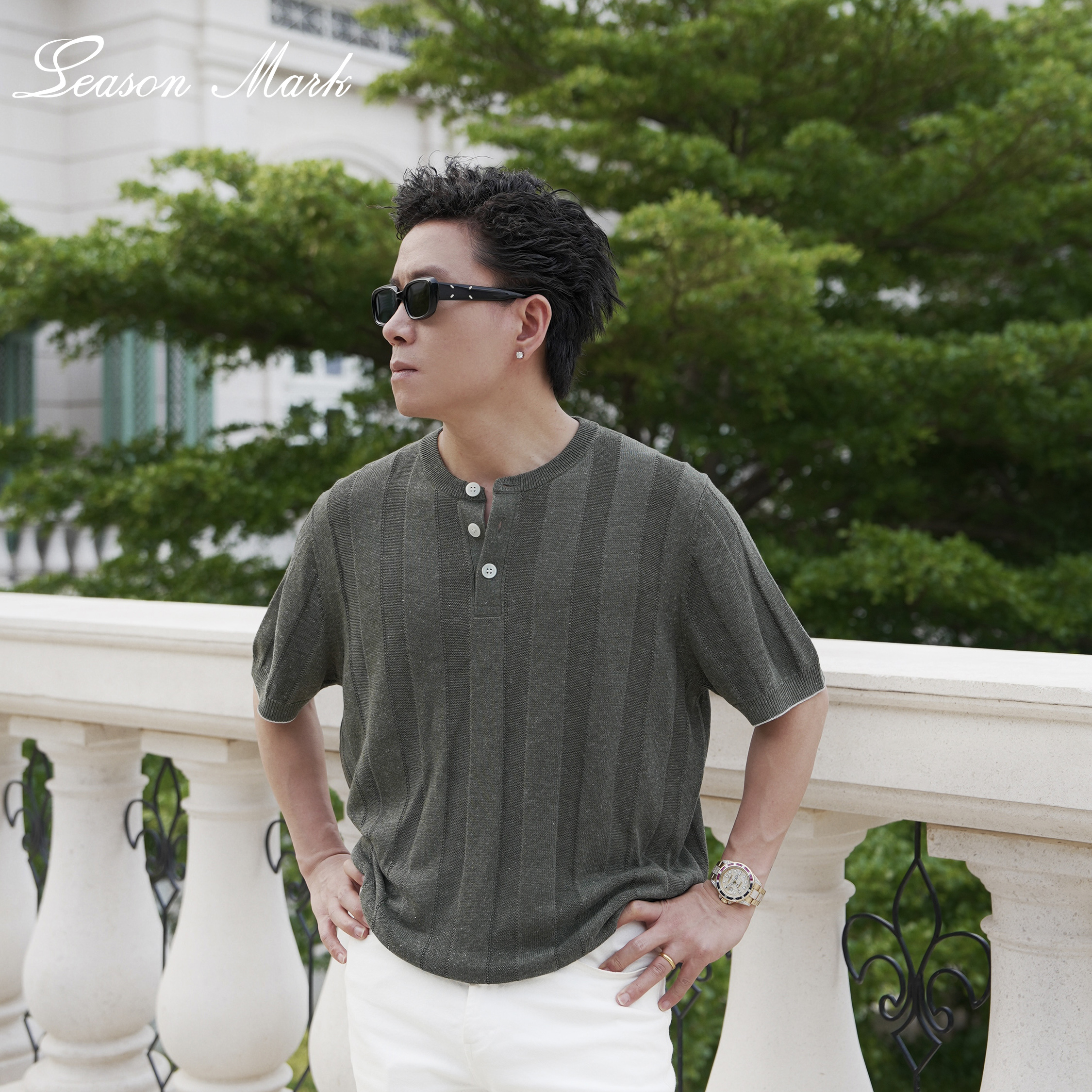 针织草绿色半开襟短袖