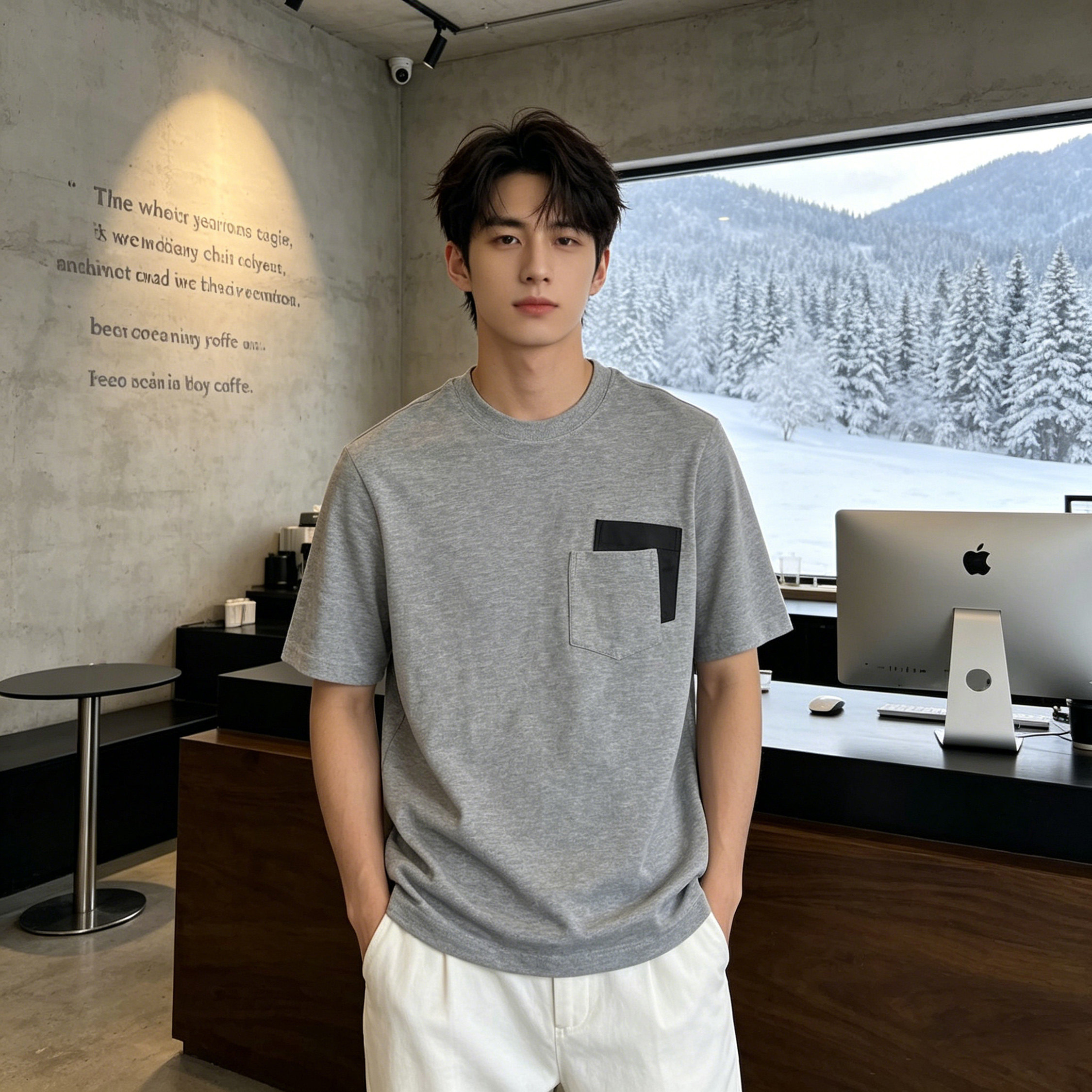 SEASON MARK口袋拼皮圆领短袖潮流休闲百搭透气舒适情侣T恤夏季26