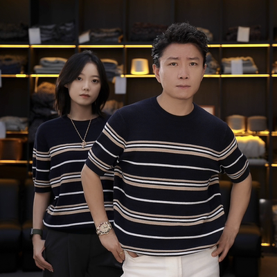 SEASONMARK针织条纹圆领男士短袖