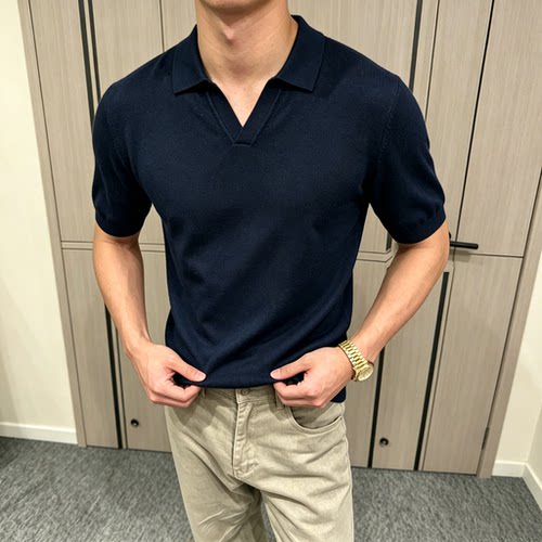 夏季新款老钱风海鸥领纯色短袖