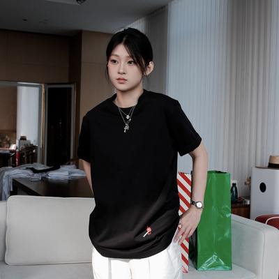 SEASONMARK火柴刺绣纯色圆领短