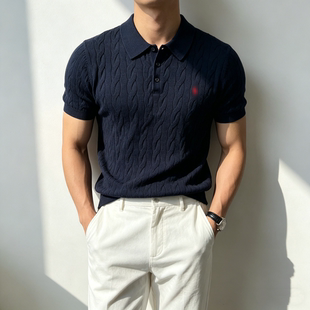 SEASON MARK藏青小马刺绣绞花红标Polo衫短袖休闲百搭纯色男士T恤